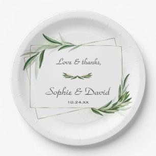 Elegant Watercolor Olive Greenery Gold Wedding Paper Plate