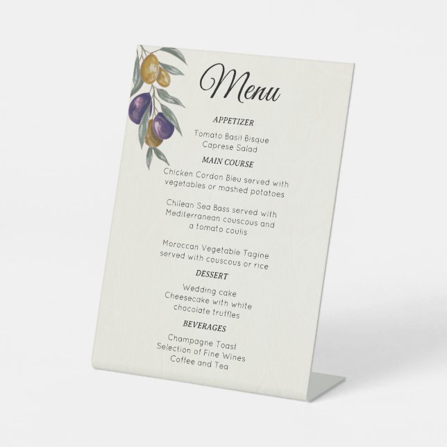 Elegant Watercolor Olive Wedding Menu Pedestal Sign (Front)