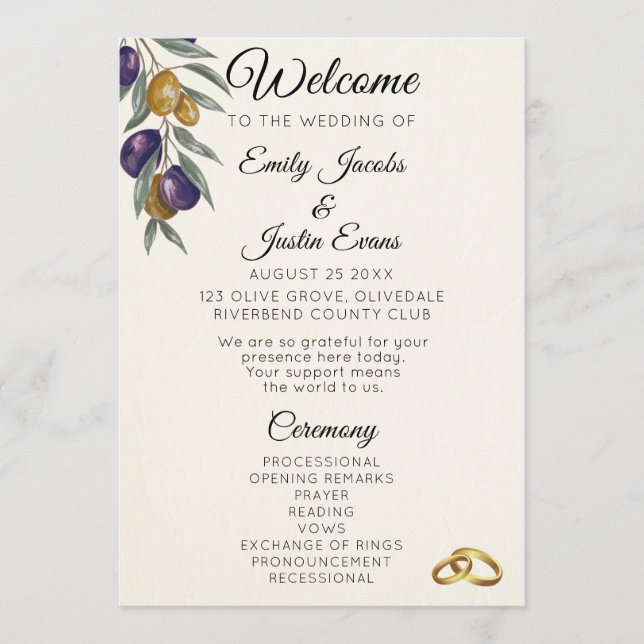 Elegant Watercolor Olive Wedding Program (Front)