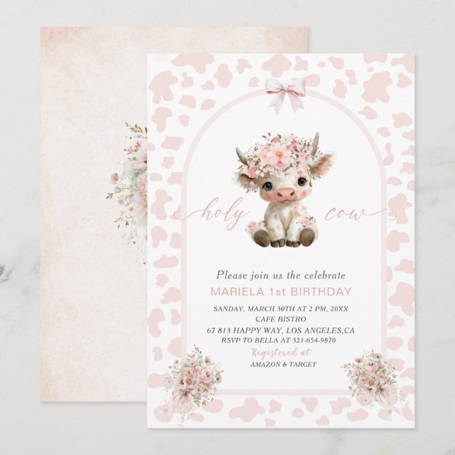 Elegant  Watercolor One 1st Birthday holy cow girl Invitation (Front/Back)