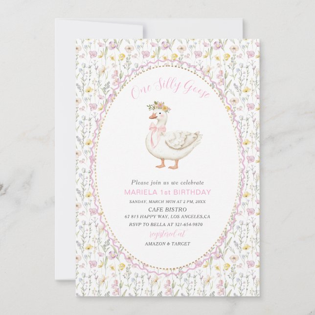 Elegant  Watercolor One 1st Birthday silly goose G Invitation (Front)