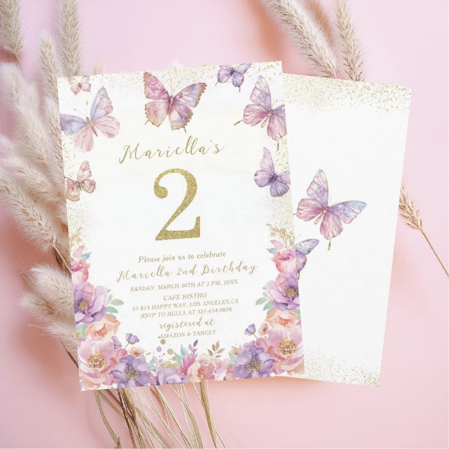 Elegant  Watercolor One 2nd Birthday Butterfly Gir Invitation (Creator Uploaded)