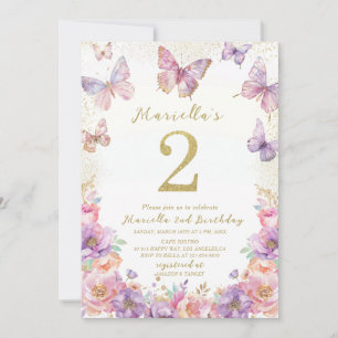 Elegant  Watercolor One 2nd Birthday Butterfly Gir Invitation