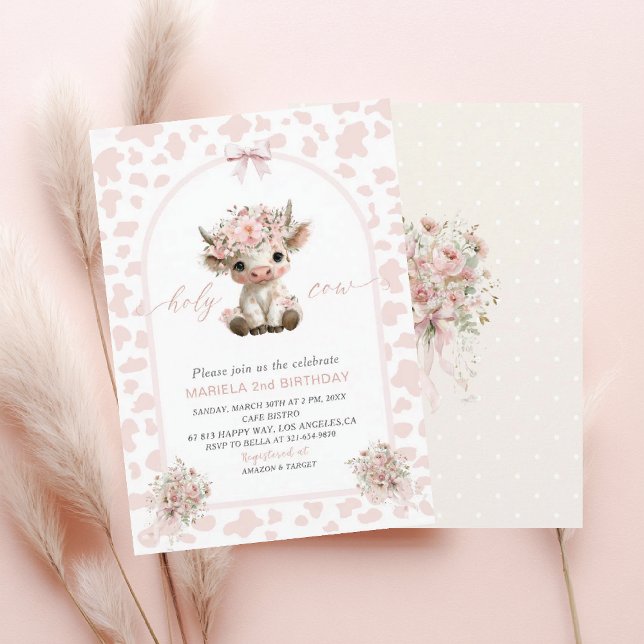 Elegant  Watercolor One 2nd Birthday holy cow girl Invitation (Creator Uploaded)