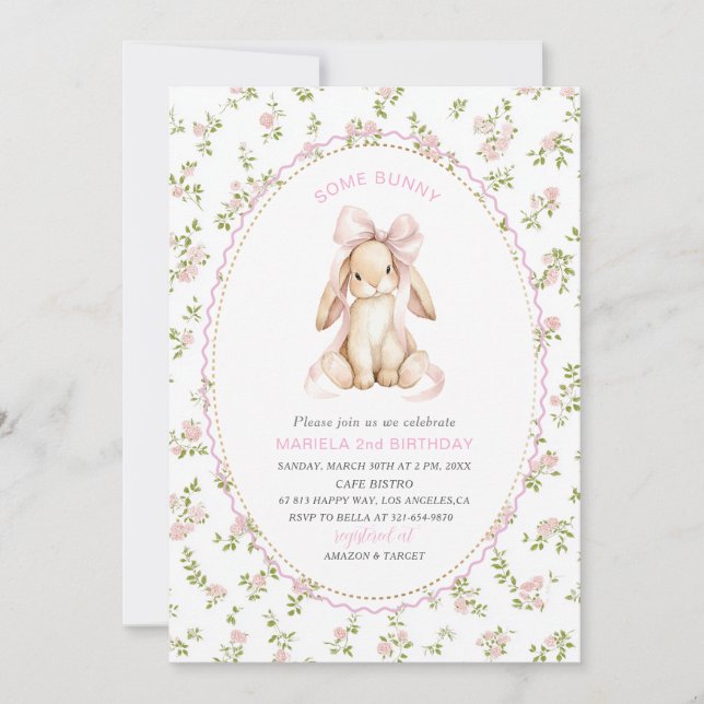 Elegant  Watercolor One 2nd Birthday some bunny gi Invitation (Front)