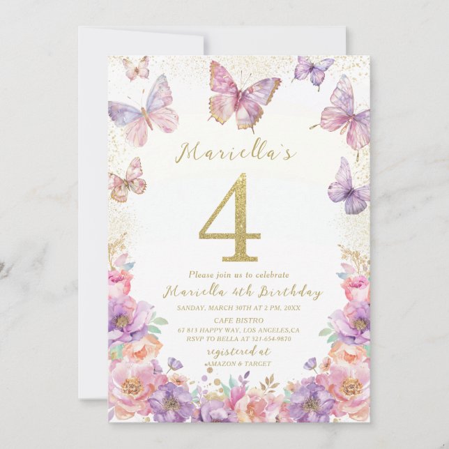 Elegant  Watercolor One 4th Birthday Butterfly Gir Invitation (Front)