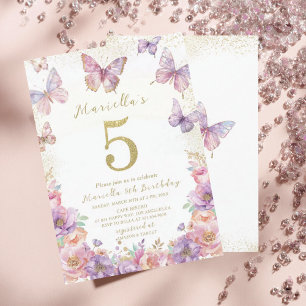 Elegant  Watercolor One 5th Birthday Butterfly Gir Invitation