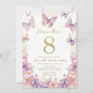 Elegant  Watercolor One 8th Birthday Butterfly Gir Invitation