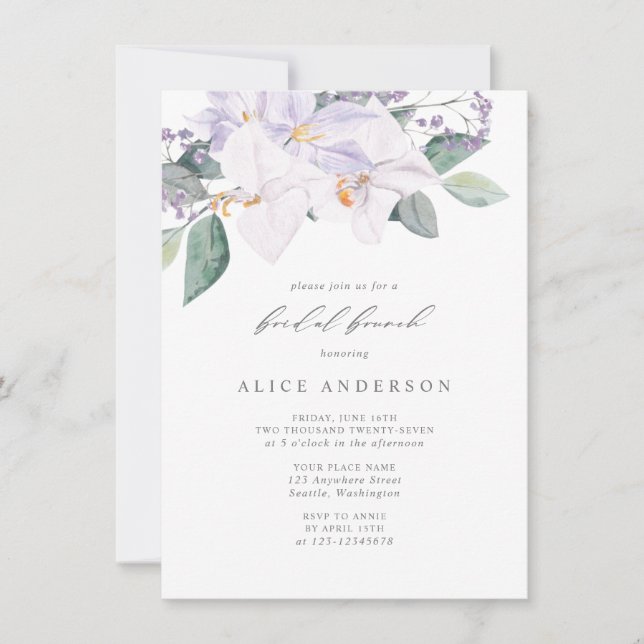 Elegant Watercolor Orchids Greenery Bridal Brunch Invitation (Front)