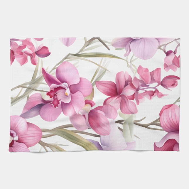 Elegant Watercolor Orchids Tea Towel (Horizontal)