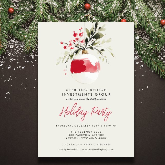 Elegant Watercolor Ornament Business Holiday Party Card (Personalize for your business holiday party or open house. Back features a soft mistletoe pattern.)
