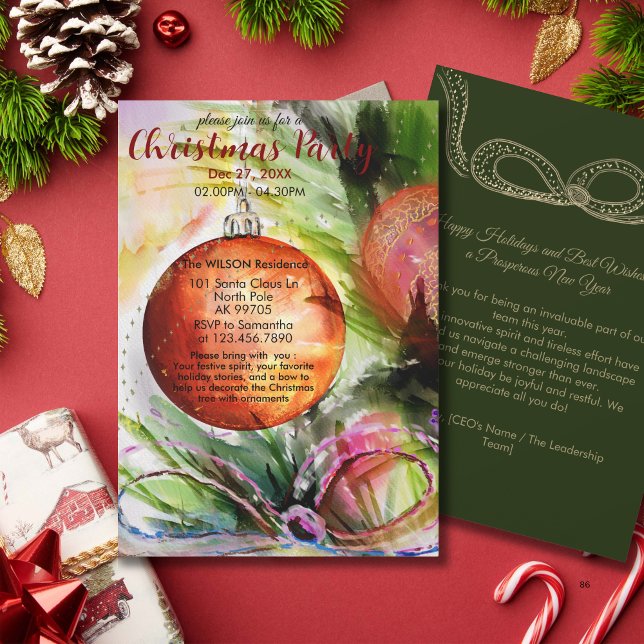 Elegant Watercolor Ornament Christmas Party Invitation (Elegant Watercolor Ornament Christmas Party Invitation)