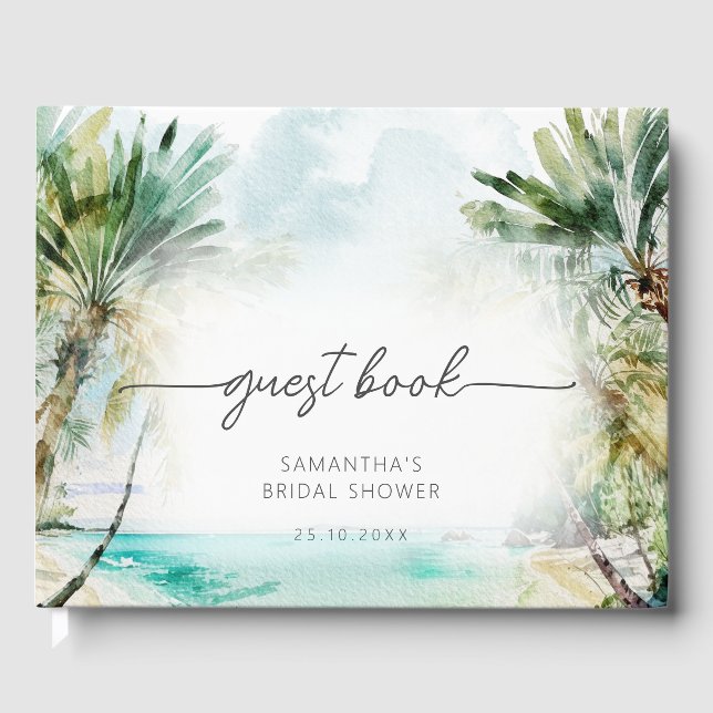 Elegant Watercolor Palm Tree Beach Bridal Shower Guest Book (Front)