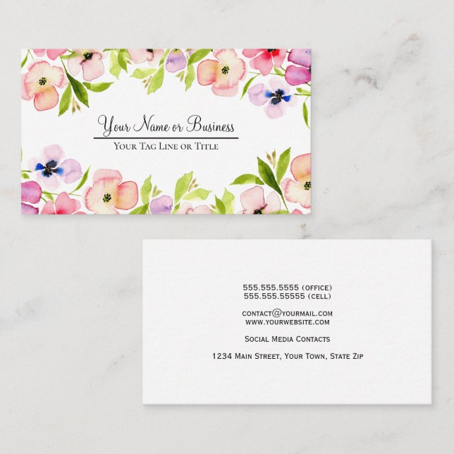 Elegant Watercolor Pansies Colourful Feminine Business Card (Front/Back)