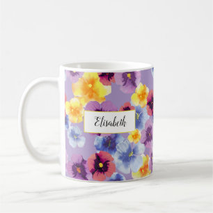 Elegant Watercolor Pansy Personalised Lavender Coffee Mug