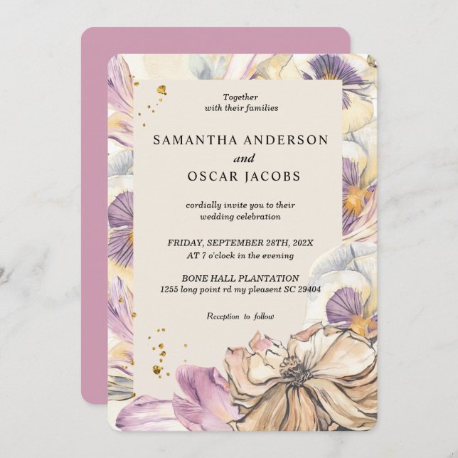 Elegant Watercolor Pansy & Purple Flowers  Invitation (Front/Back)