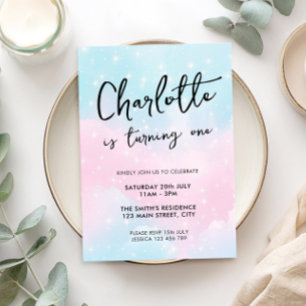 Elegant Watercolor Pastel 1st Birthday Invitation