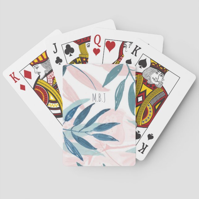 Elegant Watercolor Pastel Leaves Monogram Playing Cards (Back)