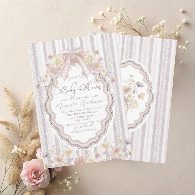 Elegant Watercolor pastel wildflower bow lace Baby Invitation (Creator Uploaded)