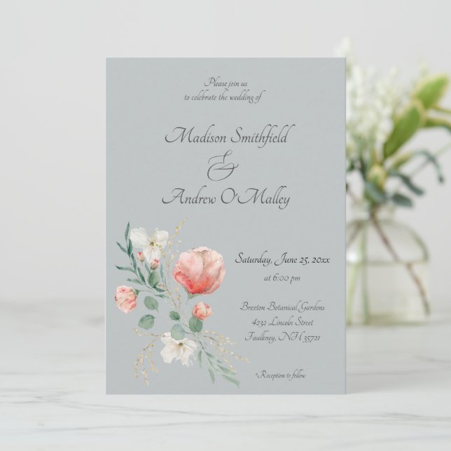 Elegant Watercolor Peach and Green Floral Wedding  Invitation (Standing Front)