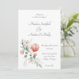 Elegant Watercolor Peach and Green Floral Wedding Invitation