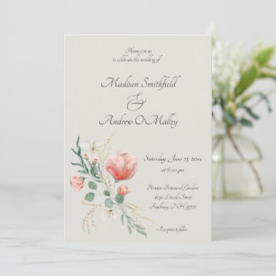 Elegant Watercolor Peach and Green Floral Wedding Invitation