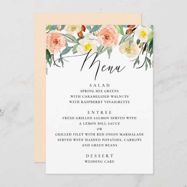 Elegant watercolor peach floral garden wedding menu (Front/Back)