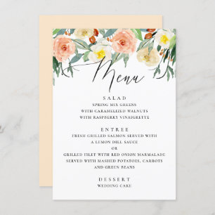 Elegant watercolor peach floral garden wedding menu