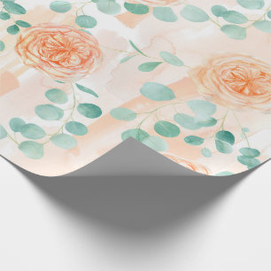 Elegant Watercolor Peach Floral Green Eucalyptus  Wrapping Paper