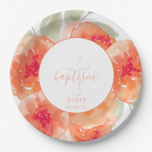 Elegant Watercolor Peach Peonies Baptism Religious Paper Plate