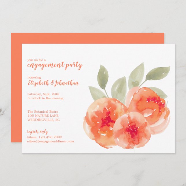 Elegant Watercolor Peach Peonies Engagement Party Invitation (Front/Back)