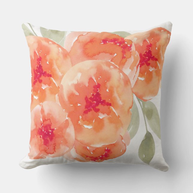 Elegant Watercolor Peach Peonies Floral Cushion (Front)