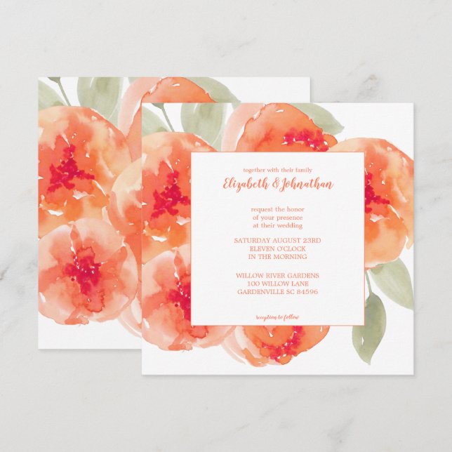 Elegant Watercolor Peach Peonies Floral Wedding Invitation (Front/Back)