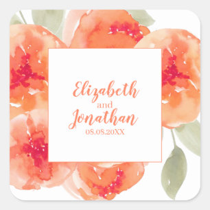 Elegant Watercolor Peach Peonies Floral Wedding Square Sticker