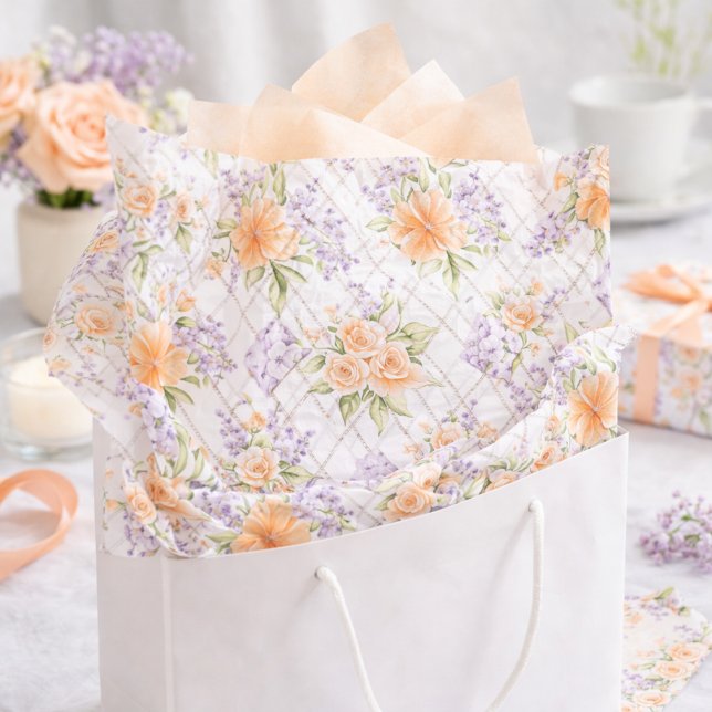 Elegant Watercolor Peach Roses Lavender Floral Tissue Paper (Creator Uploaded)
