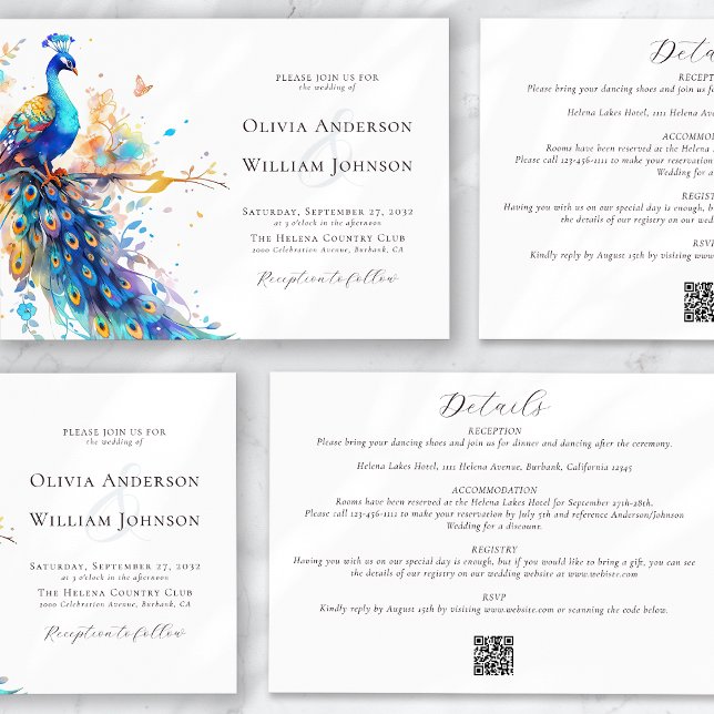 Elegant Watercolor Peacock All in One Wedding Invitation (Creator Uploaded)