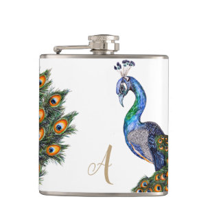 Elegant Watercolor Peacock Monogram Hip Flask