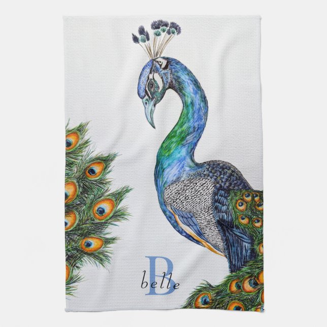 Elegant Watercolor Peacock Monogram Tea Towel (Vertical)