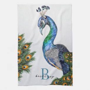 Elegant Watercolor Peacock Monogram Tea Towel