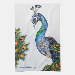 Elegant Watercolor Peacock Monogram Tea Towel
