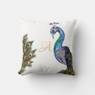Elegant Watercolor Peacock Monogram White Cushion