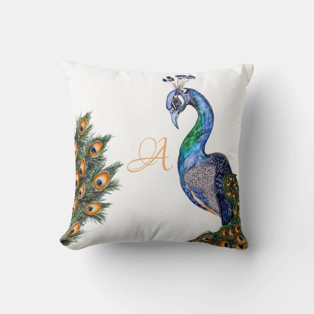 Elegant Watercolor Peacock Monogram White Cushion (Front)