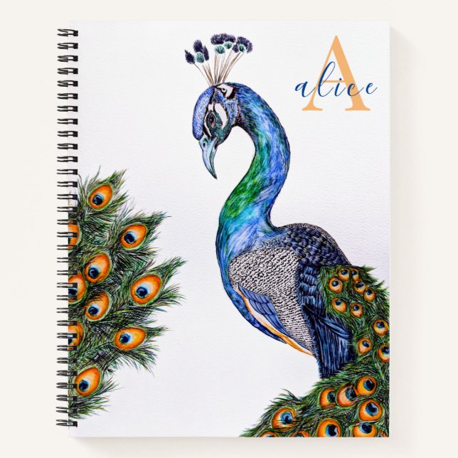 Elegant Watercolor Peacock Monogram White Notebook (Front)