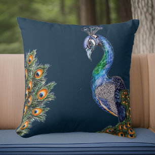 Elegant Watercolor Peacock Navy Cushion