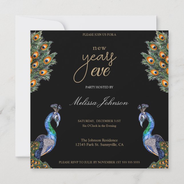 Elegant Watercolor Peacock New Year's Eve Party Invitation (Front)