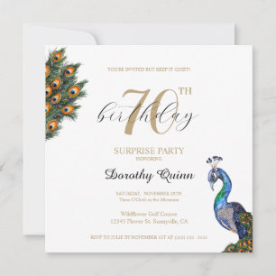 Elegant Watercolor Peacock Surprise Birthday Party Invitation