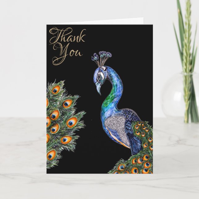 Elegant Watercolor Peacock Thank You Card (Front)