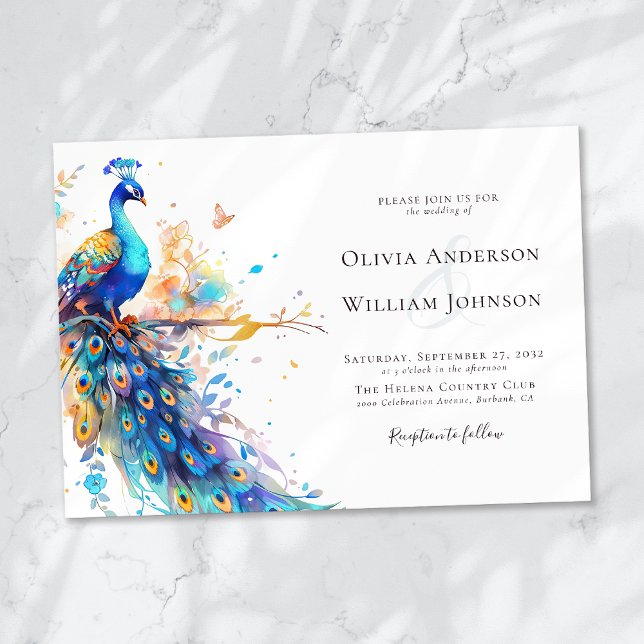 Elegant Watercolor Peacock Wedding Invitation (Creator Uploaded)