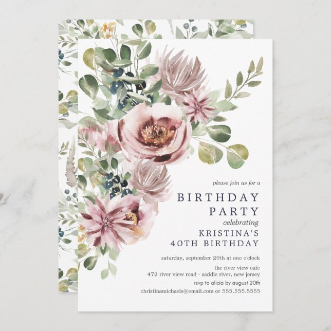 Elegant Watercolor Peonies Floral Birthday Party Invitation (Front/Back)
