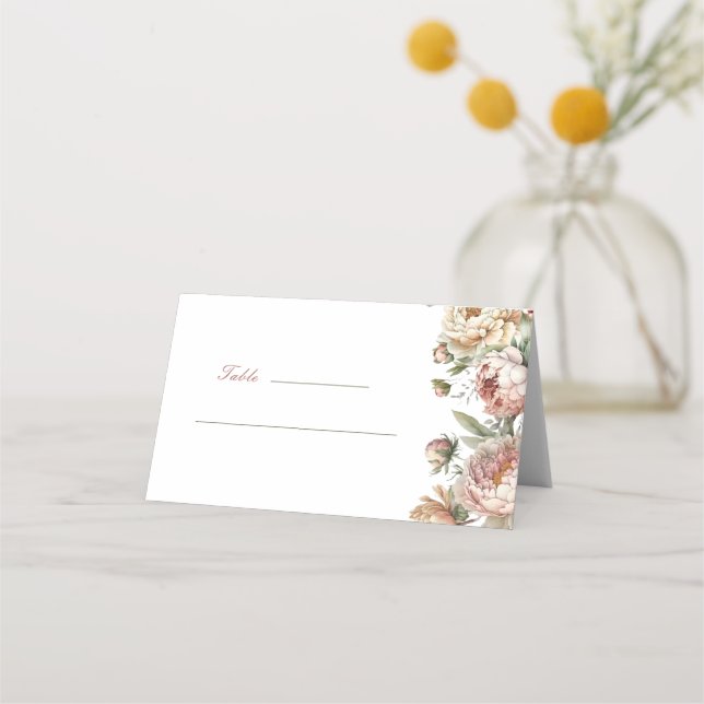 Elegant Watercolor Peonies Wedding Place Card (Front)